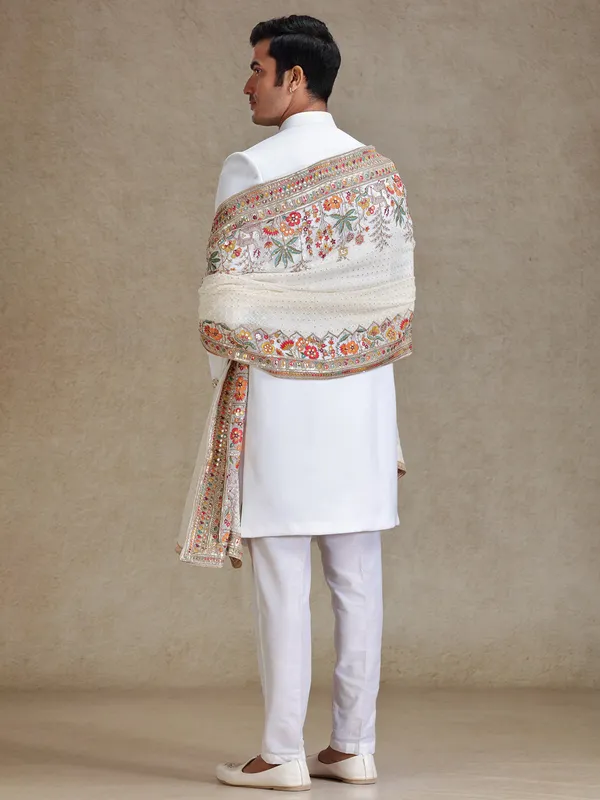 Off white flower embroidered terry rayon sherwani