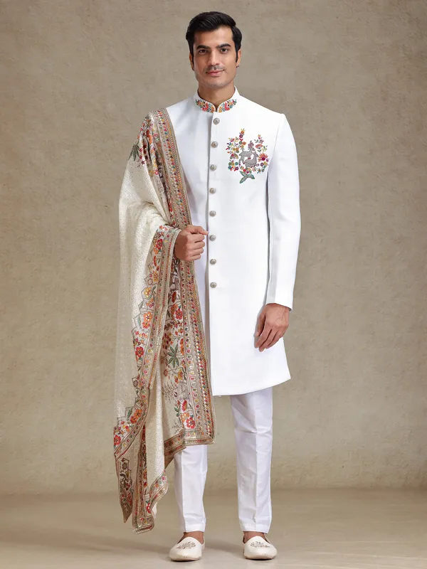 Off white flower embroidered terry rayon sherwani