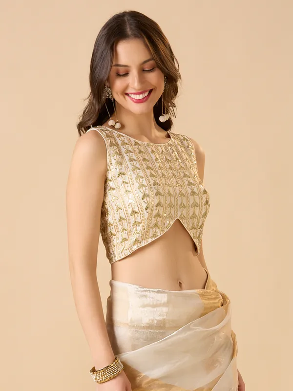 Off white georgette embroidered ready made blouse with boat neck