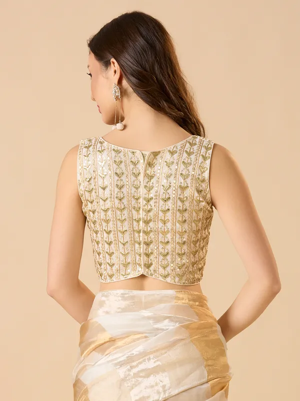 Off white georgette embroidered ready made blouse with boat neck