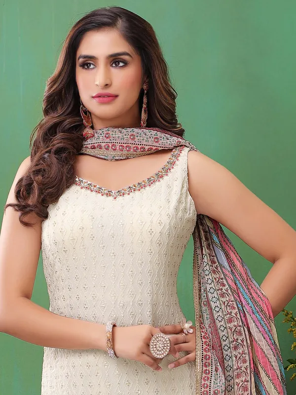 Off white georgette festive look palazzo suit