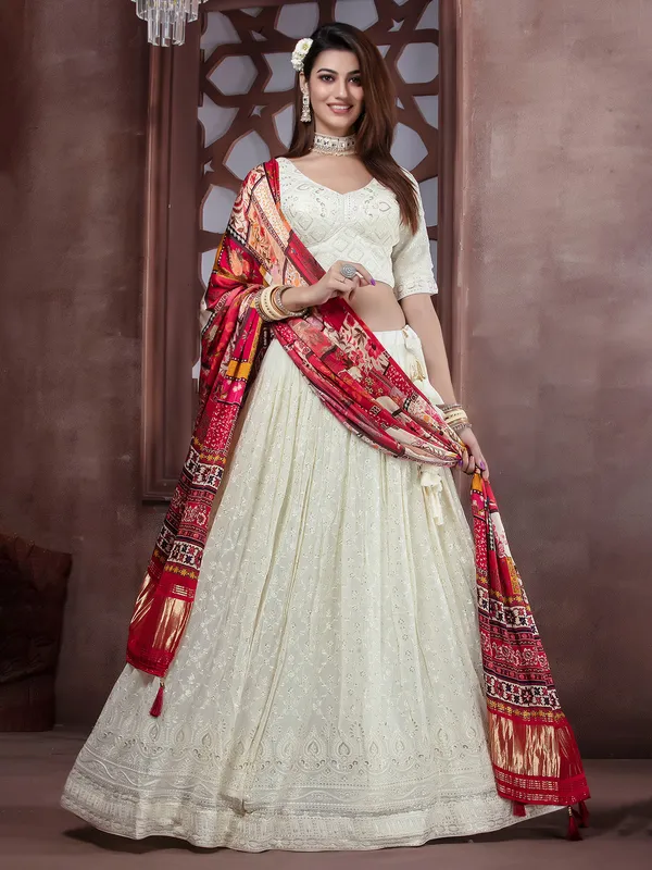 Off white georgette lehenga choli with contrast dupatta