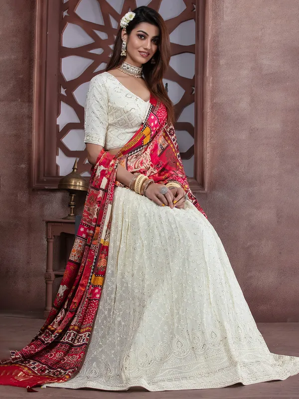 Off white georgette lehenga choli with contrast dupatta