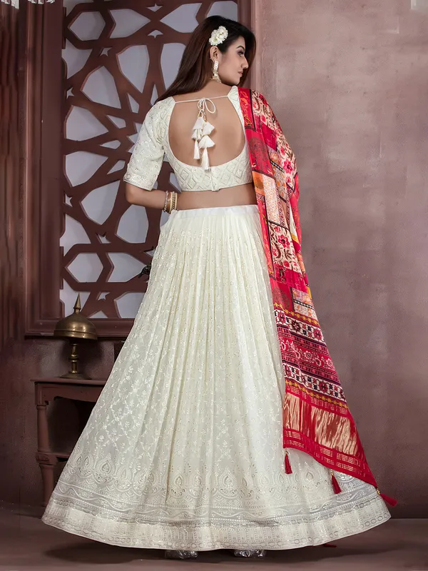 Off white georgette lehenga choli with contrast dupatta