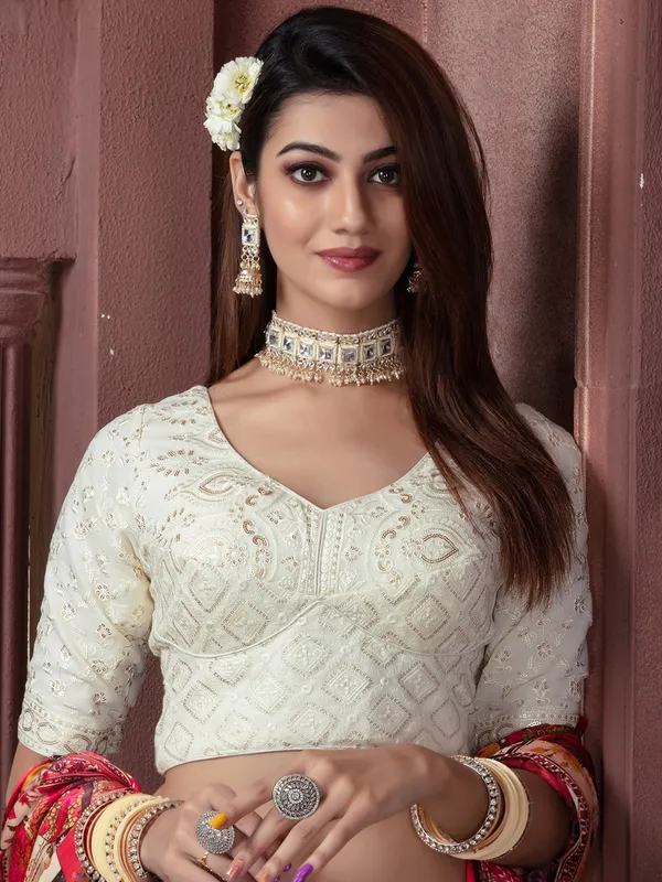 Off white georgette lehenga choli with contrast dupatta