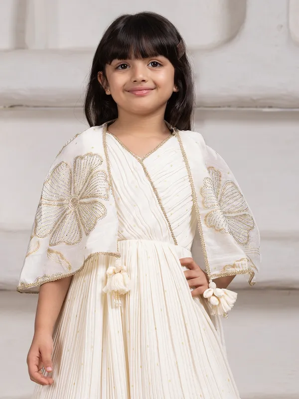 Off white georgette silk palazzo style jumpsuit with zari work