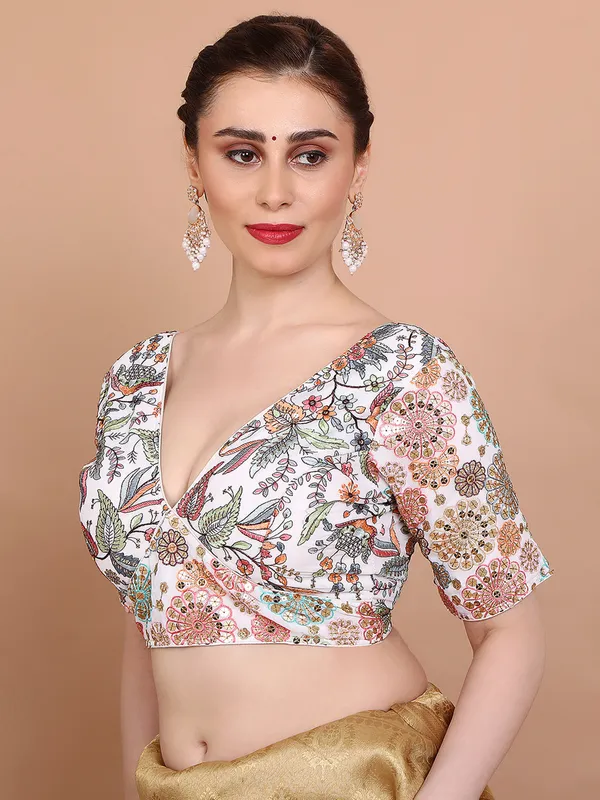 Off white georgette V neck ready made blouse