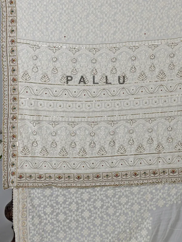 Off white georgette zardosi wedding saree