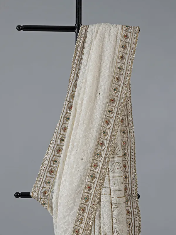 Off white georgette zardosi wedding saree