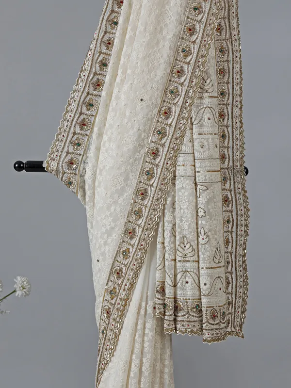 Off white georgette zardosi wedding saree