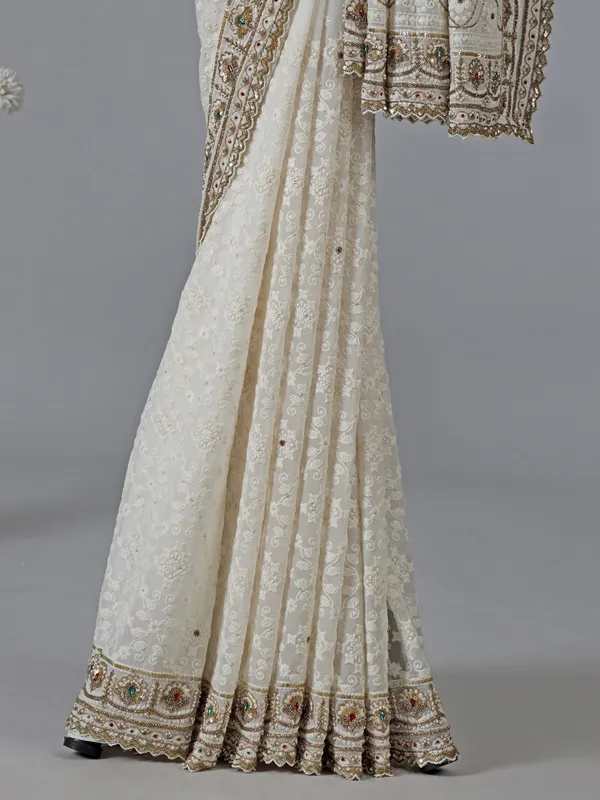 Off white georgette zardosi wedding saree