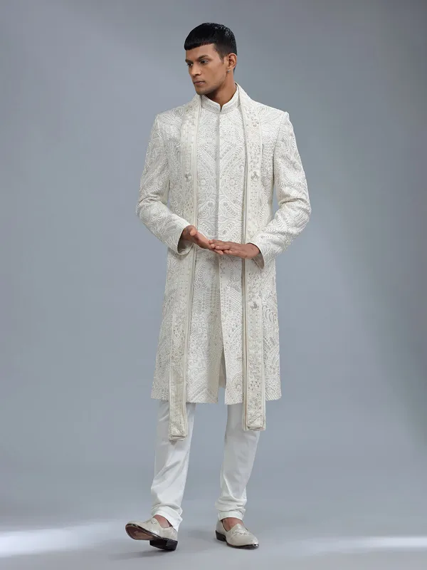 Off-white groom style sherwani in raw silk