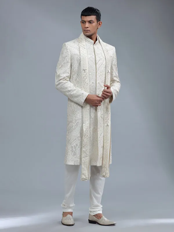 Off-white groom style sherwani in raw silk
