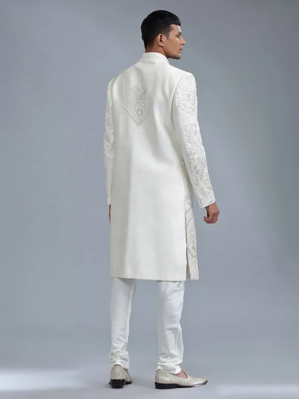 Off-white groom style sherwani in raw silk