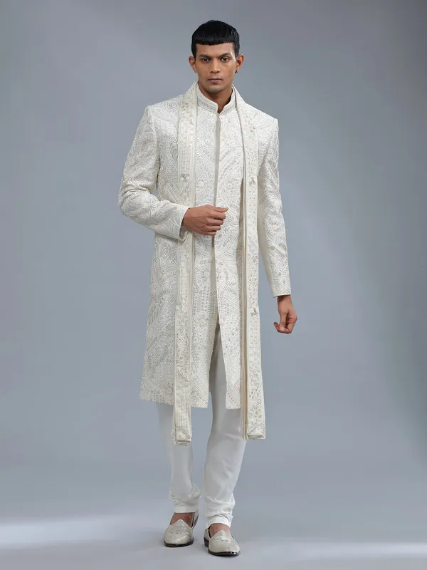 Off-white groom style sherwani in raw silk