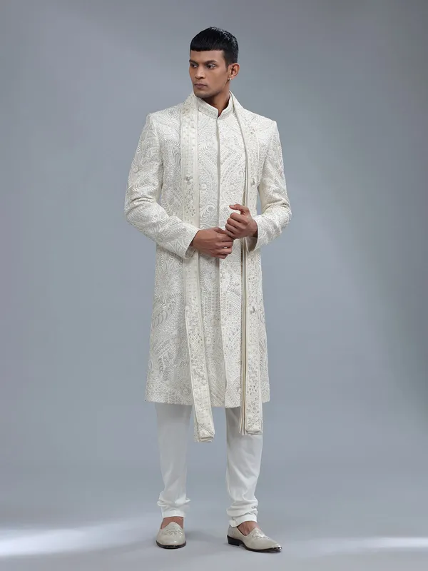 Off-white groom style sherwani in raw silk