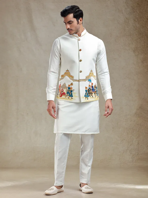 Off white hand printed kurta jacket set