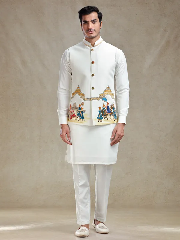 Off white hand printed kurta jacket set