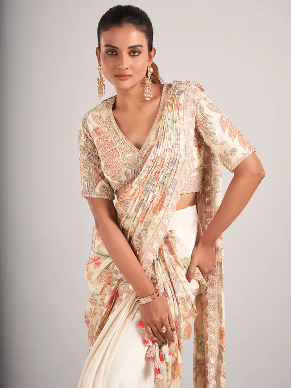 Off-white important fabric ready to wear saree