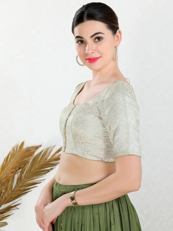 Pista green jacquard ready made blouse