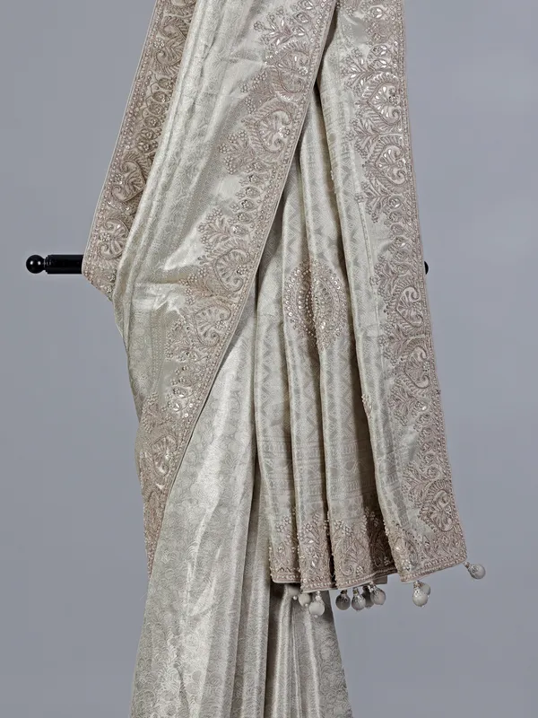 Off white kanjivaram silk saree with zardosi detailing