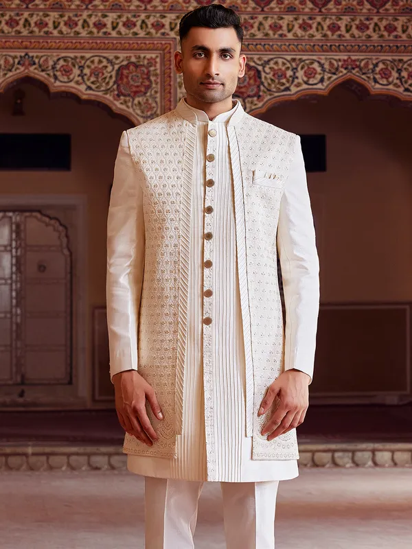 Off white lavish raw silk indo western for men