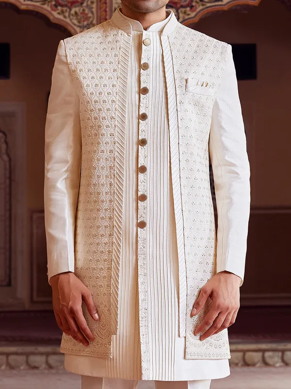 Off white lavish raw silk indo western for men