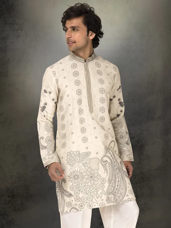 Off white linen cotton printed wedding and festive kurta suit
