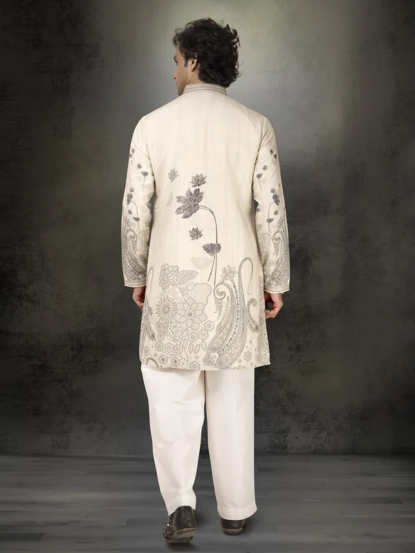 Off white linen cotton printed wedding and festive kurta suit