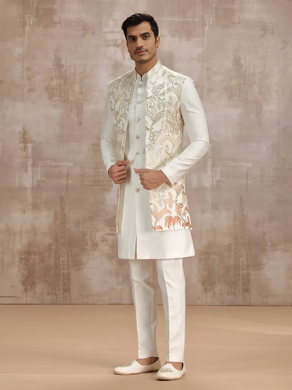 Off white long silk waistcoat set for reception