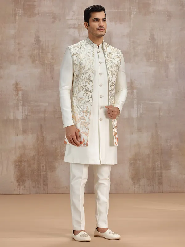 Off white long silk waistcoat set for reception