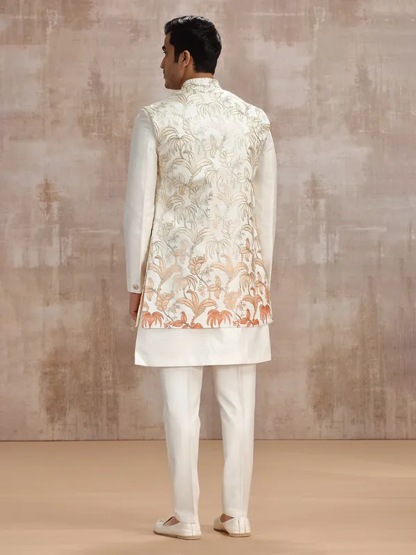Off white long silk waistcoat set for reception
