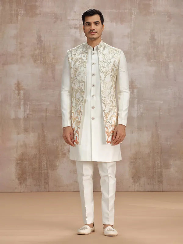 Off white long silk waistcoat set for reception