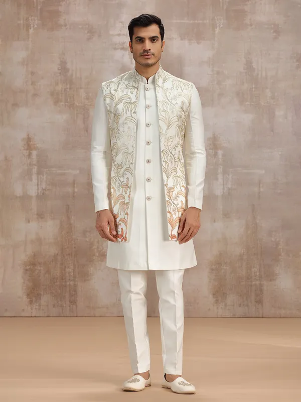 Off white long silk waistcoat set for reception