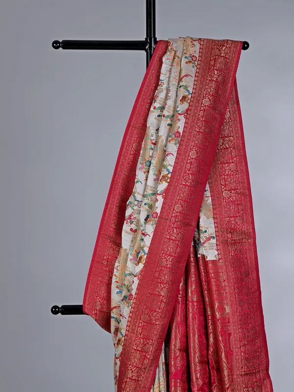 Off white masru silk saree with colorful motifs