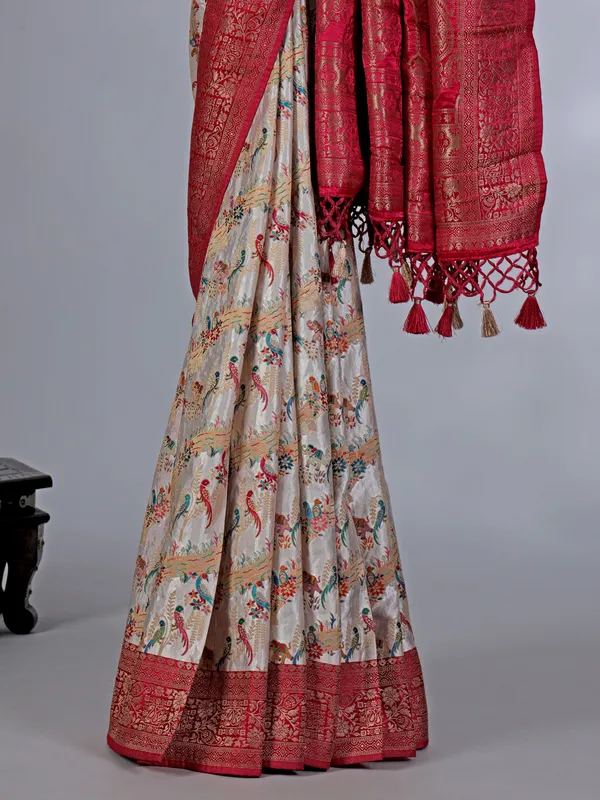 Off white masru silk saree with colorful motifs