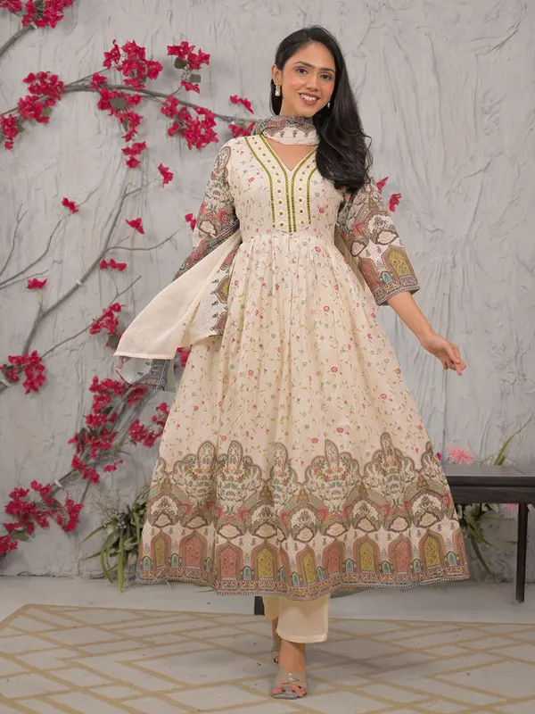 Off white mulmul festive kurti set with dupatta