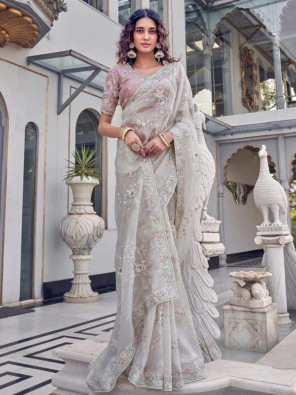 Off-white organza saree for wedding
