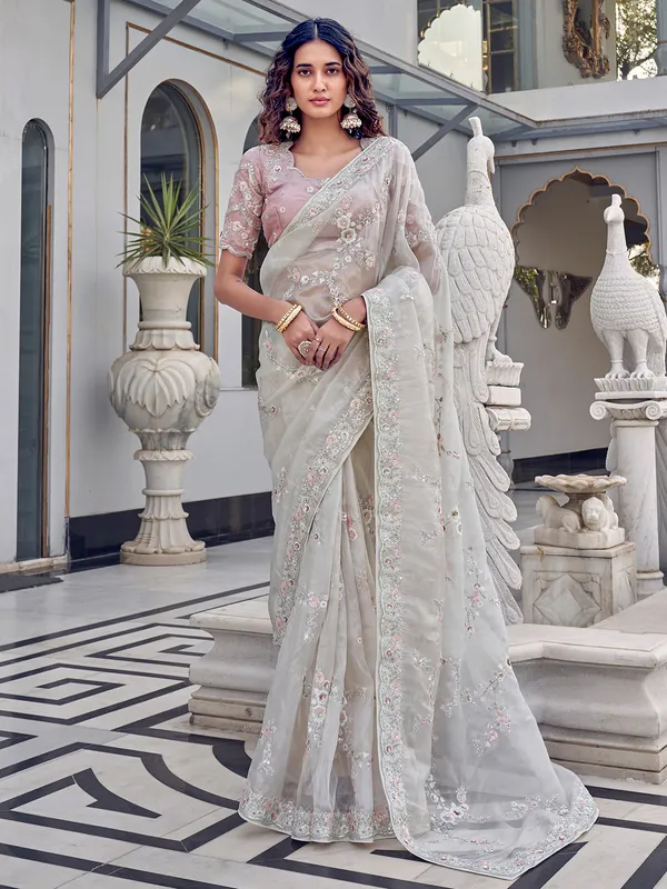 Off-white organza saree for wedding