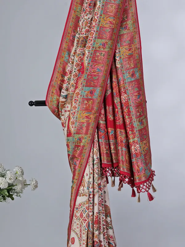 Off white pashmina silk colorful motif saree