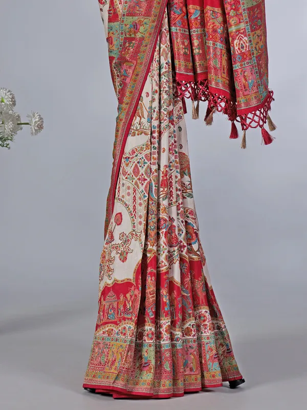 Off white pashmina silk colorful motif saree