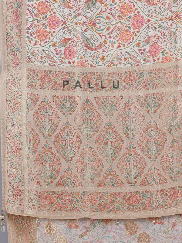 Off white pashmina silk saree with colorful motifs