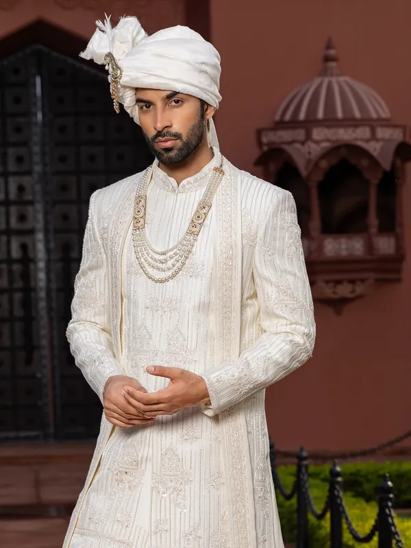 Off white peshwai style raw silk sherwani for groom