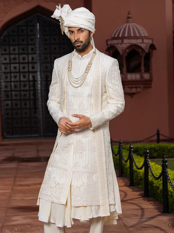 Off white peshwai style raw silk sherwani for groom