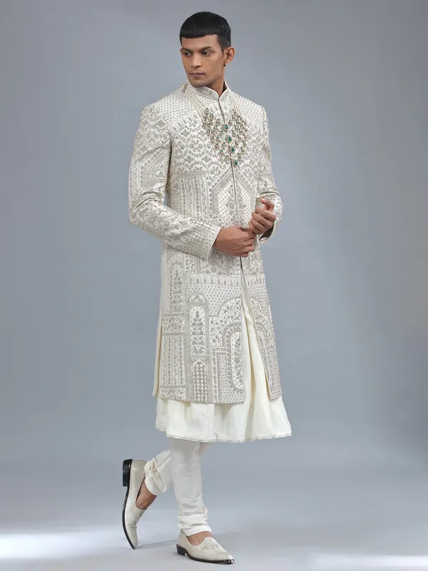 Off-white peshwai style raw silk shewani
