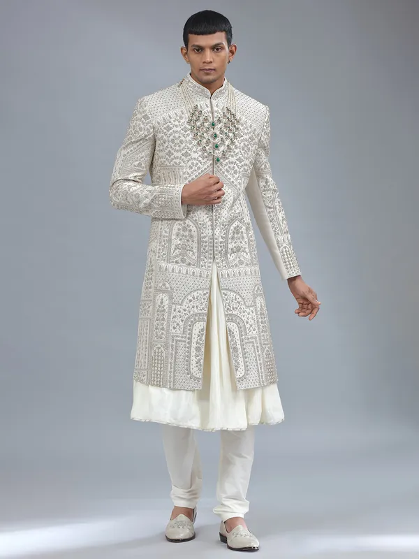 Off-white peshwai style raw silk shewani