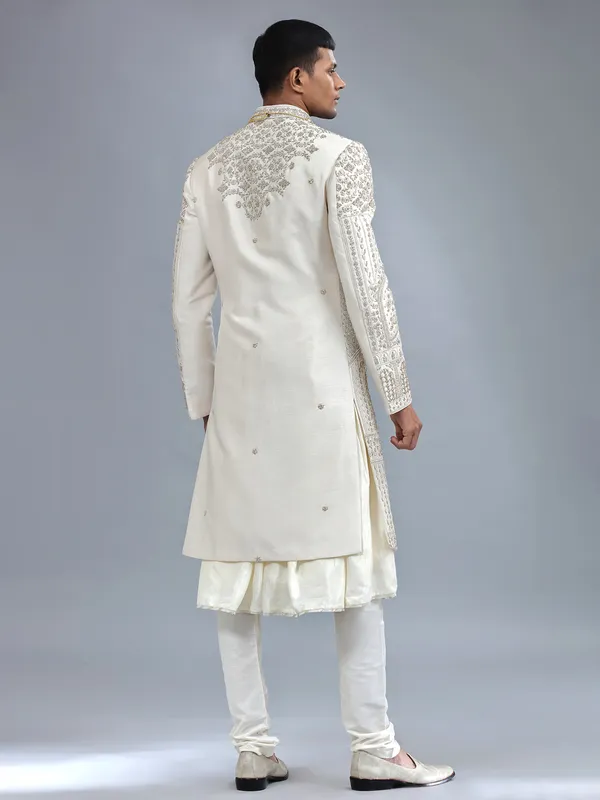 Off-white peshwai style raw silk shewani