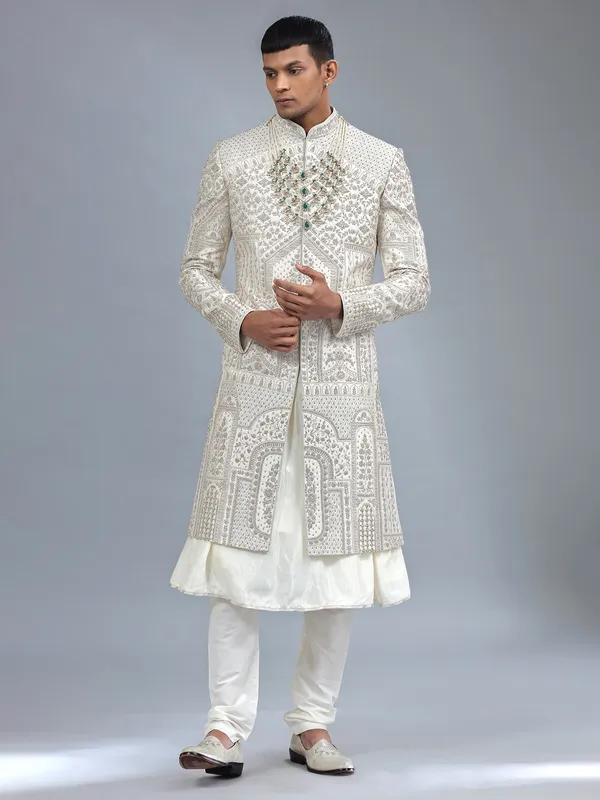 Off-white peshwai style raw silk shewani
