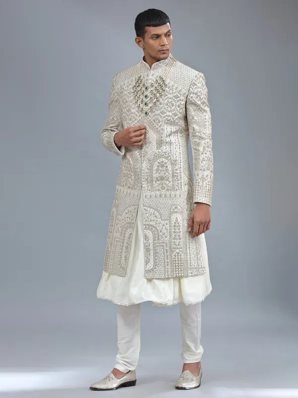 Off-white peshwai style raw silk shewani