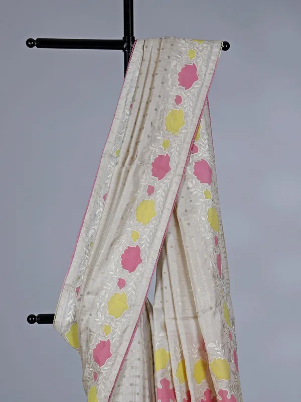 Off white pink semi silk saree with embroidery accents